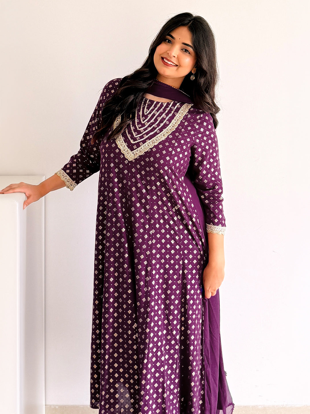 Janasya Women's Purple Rayon Embellished Gold Printed Anarkali Kurta Set