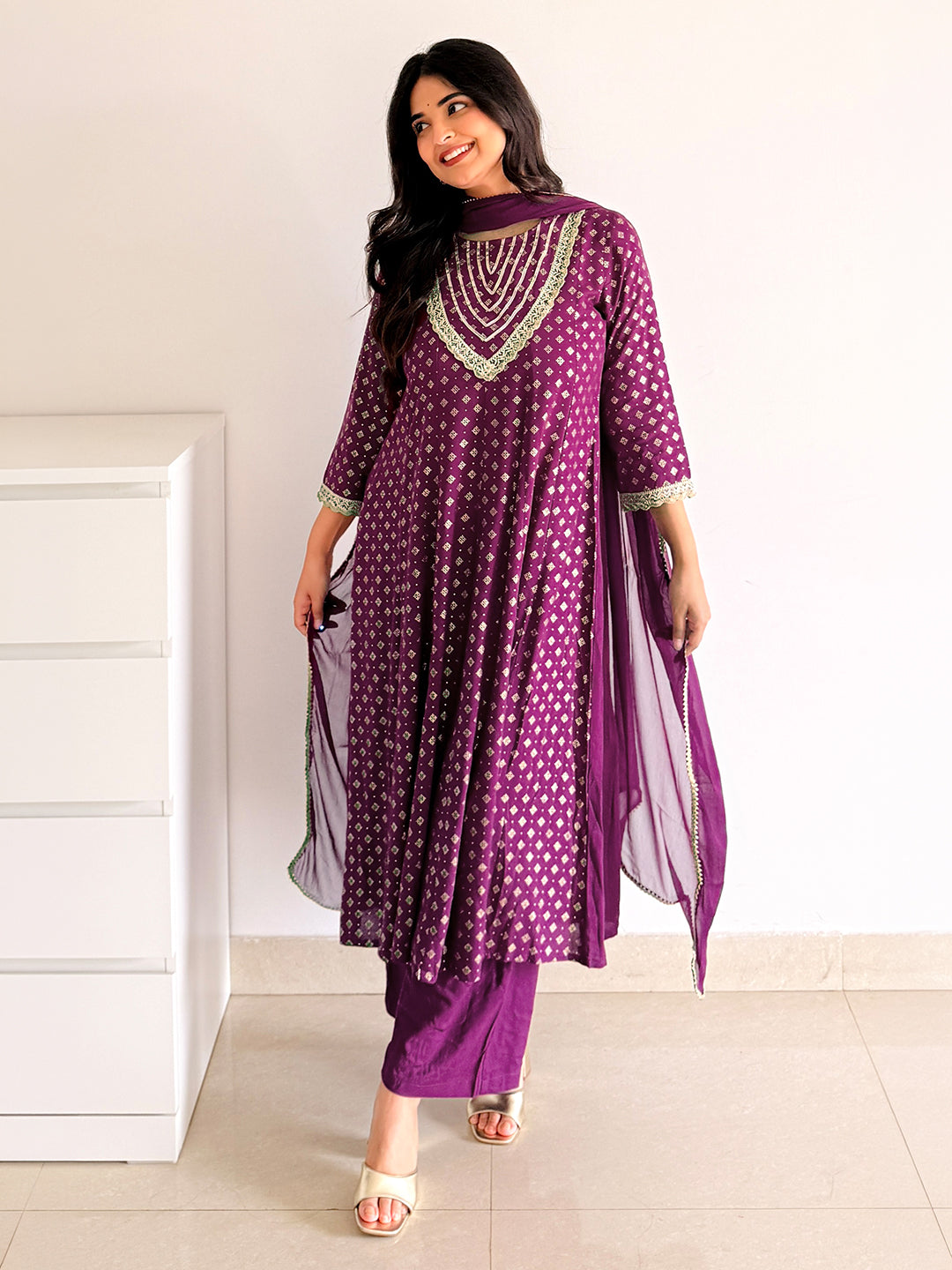Janasya Women's Purple Rayon Embellished Gold Printed Anarkali Kurta Set