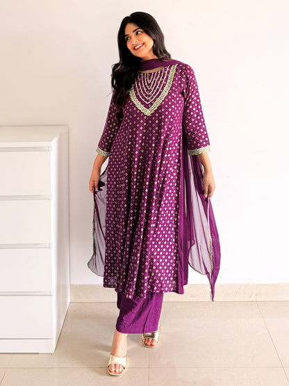 Janasya Women's Purple Rayon Embellished Gold Printed Anarkali Kurta Set