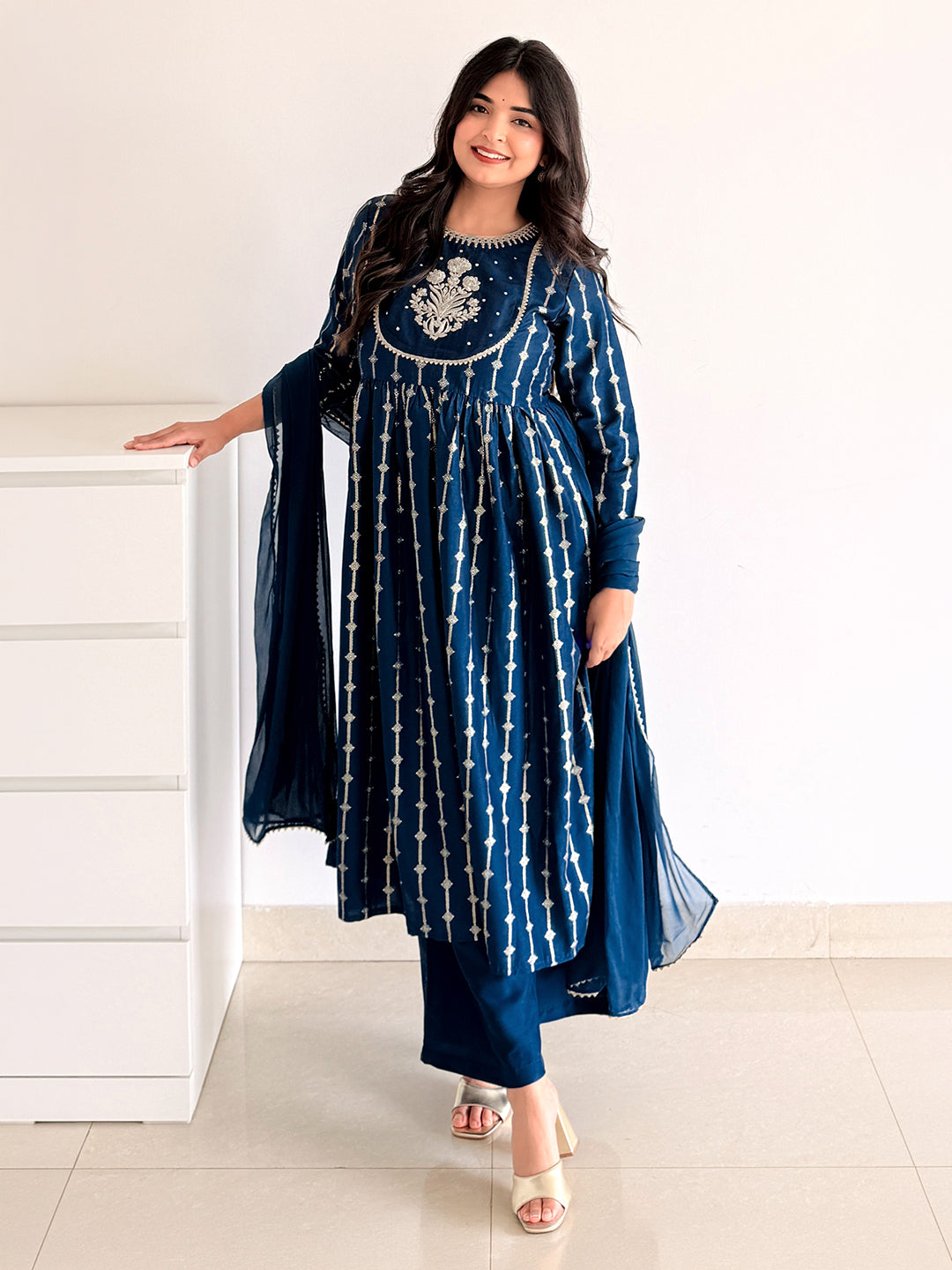 Janasya Women's Teal Blue Silk Blend Yoke Embroidered Gold Printed A-Line Kurta Set with Dupatta