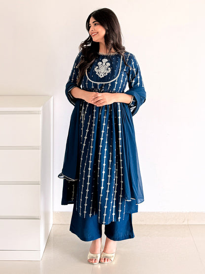 Janasya Women's Teal Blue Silk Blend Yoke Embroidered Gold Printed A-Line Kurta Set with Dupatta