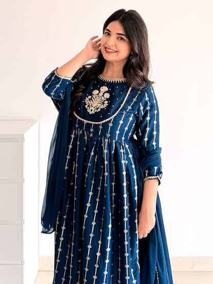 Janasya Women's Teal Blue Silk Blend Yoke Embroidered Gold Printed A-Line Kurta Set with Dupatta