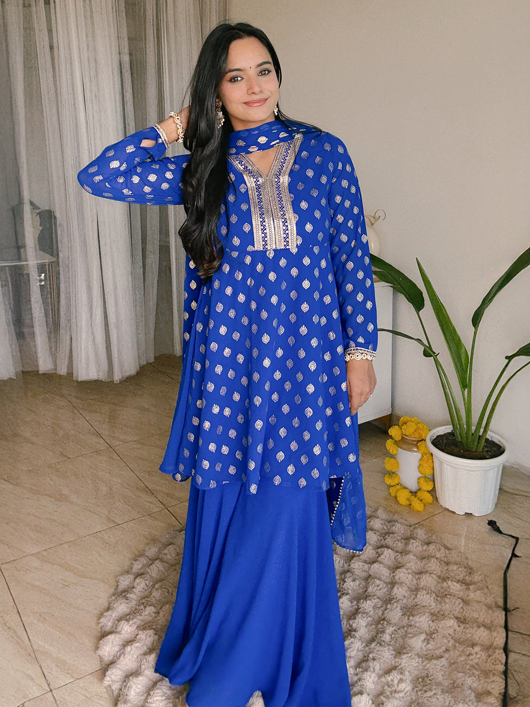 Janasya Women's Royal Blue Georgette Embellished Gold Printed A-line Kurta With Sharara & Dupatta Set