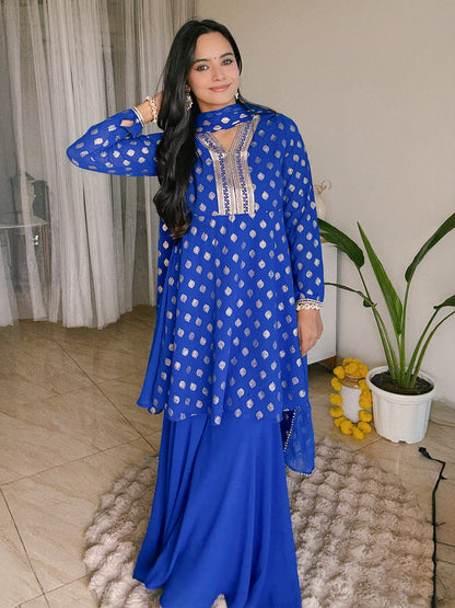 Janasya Women's Royal Blue Georgette Embellished Gold Printed A-line Kurta With Sharara & Dupatta Set