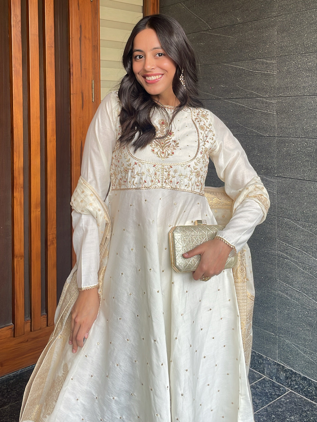 Janasya Women's Off White Chanderi Silk Embroidered A-line Kurta Set