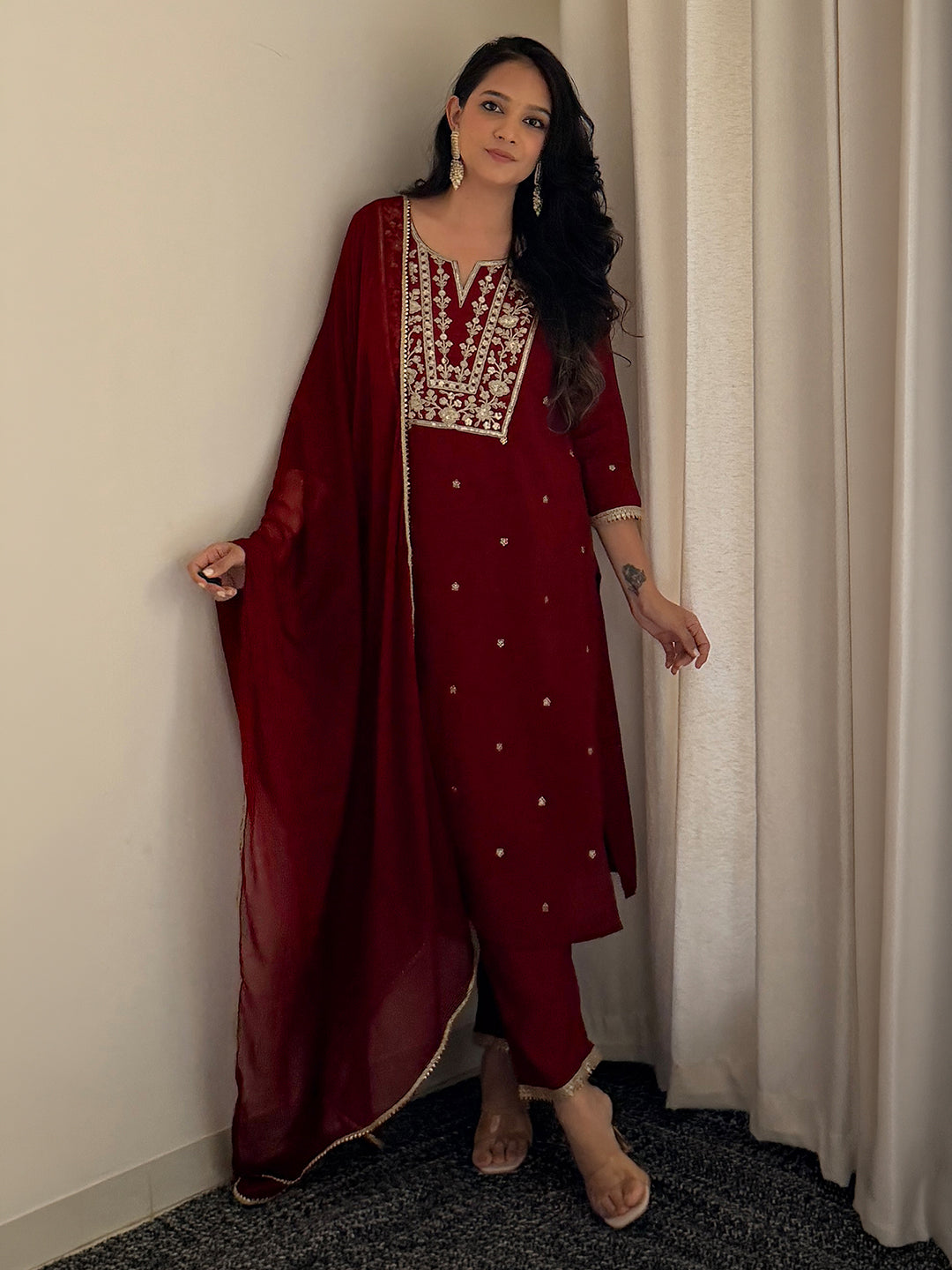 Janasya Women's Maroon Chanderi Silk Floral Embroidered Foil Print Straight Kurta Set