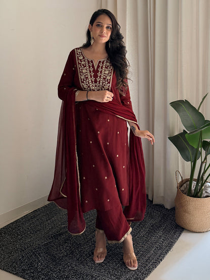 Janasya Women's Maroon Chanderi Silk Floral Embroidered Foil Print Straight Kurta Set