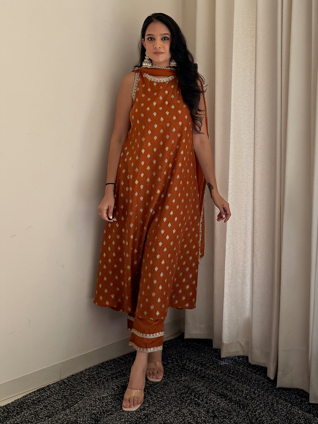 Janasya Women's Rust Brown Silk Blend Embellished Foil Printed A-Line Kurta Set