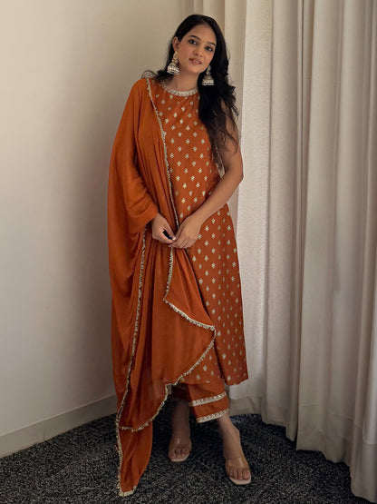 Janasya Women's Rust Brown Silk Blend Embellished Foil Printed A-Line Kurta Set