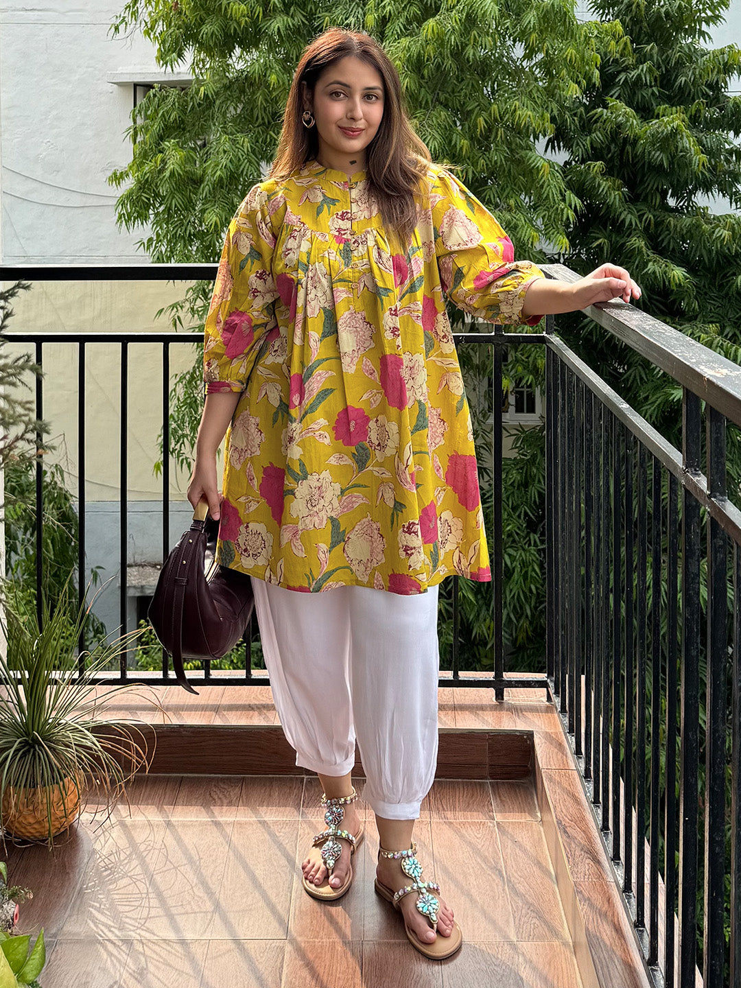 Mustard Pure Cotton Floral Printed A-line Tunic