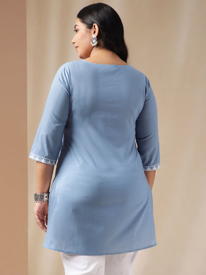 Plus Size Blue Cotton Chikankari Regular Tunic