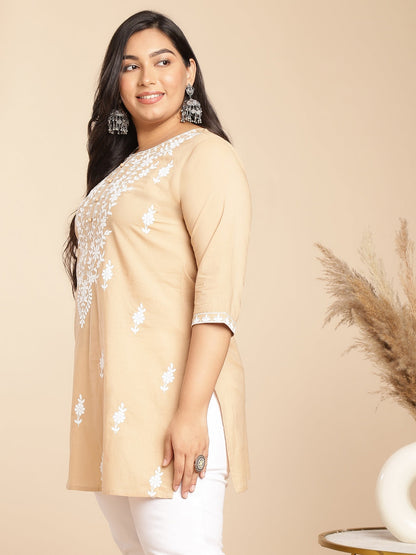 Plus Size Cream Cotton Chikankari Regular Tunic
