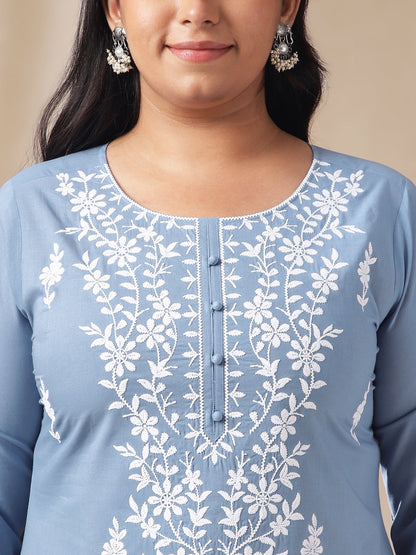 Plus Size Blue Cotton Chikankari Regular Tunic