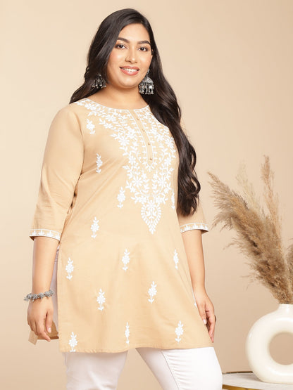 Plus Size Cream Cotton Chikankari Regular Tunic