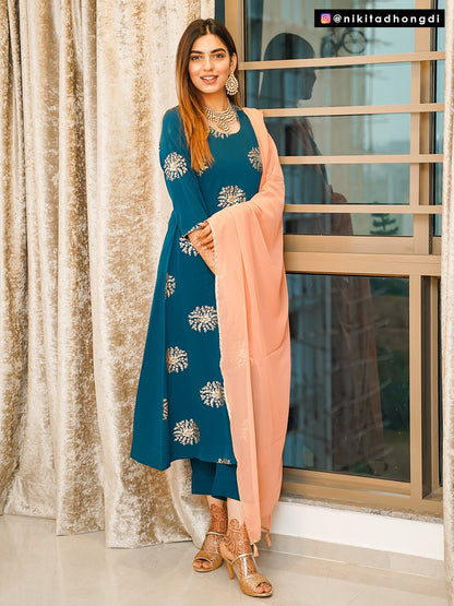Teal Poly Crepe Gold Print Kurta with Pant and Dupatta Janasya