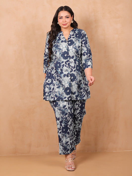 Plus Size Indigo Cotton Floral A-Line Co-ord Set