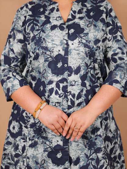 Plus Size Indigo Cotton Floral A-Line Co-ord Set
