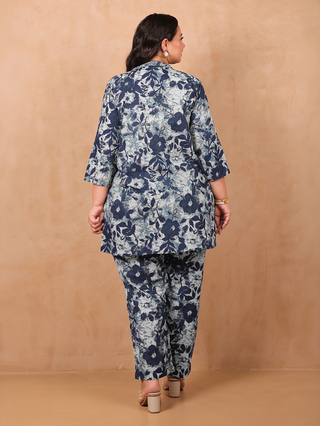 Plus Size Indigo Cotton Floral A-Line Co-ord Set