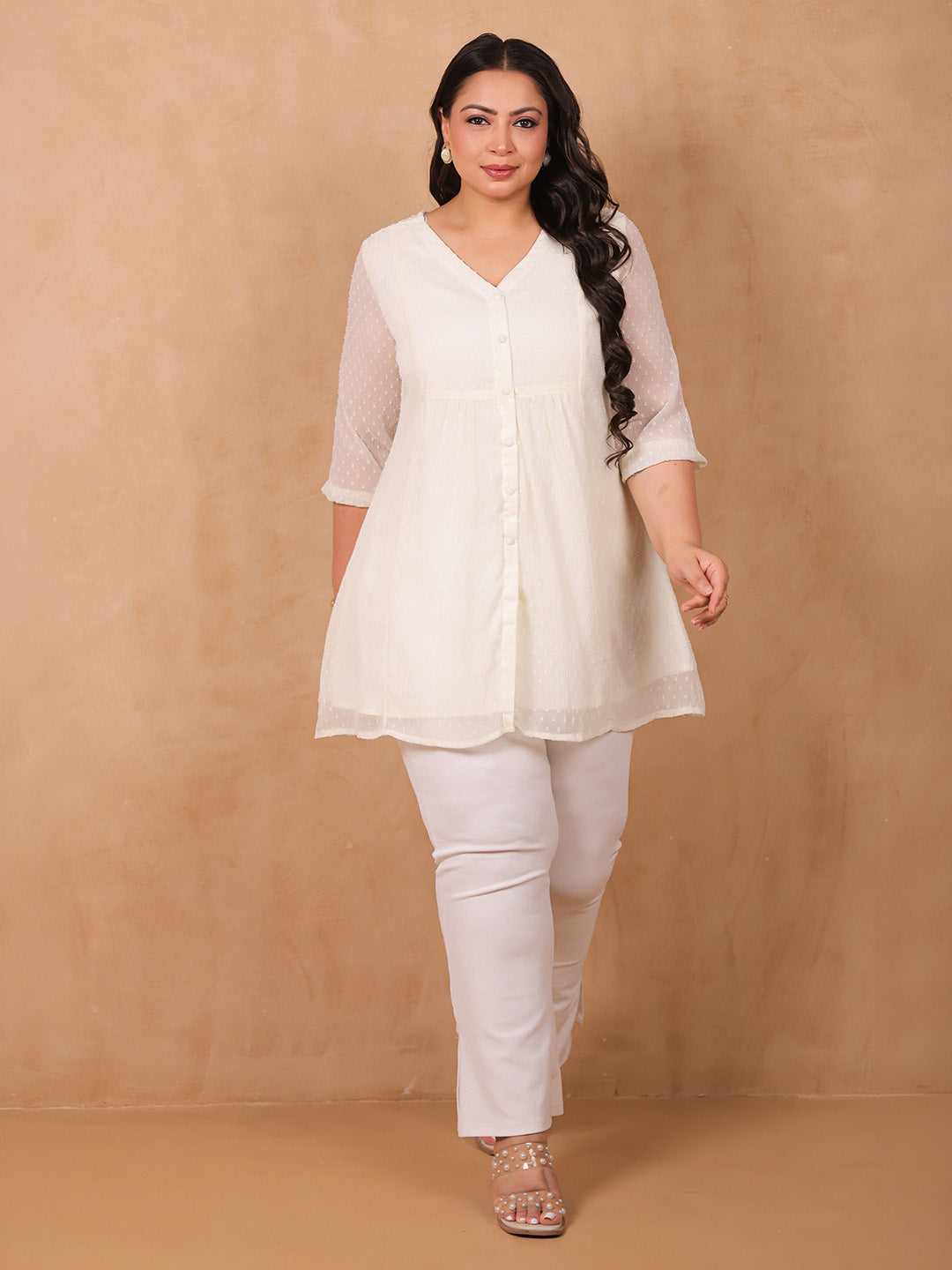 Janasya Women's Plus Size Off White Dobby Chiffon Self Design A-line Tunic