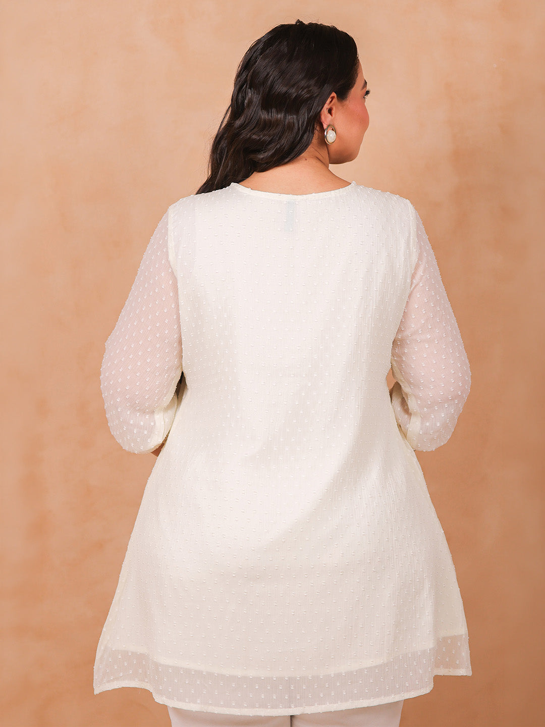 Janasya Women's Plus Size Off White Dobby Chiffon Self Design A-line Tunic