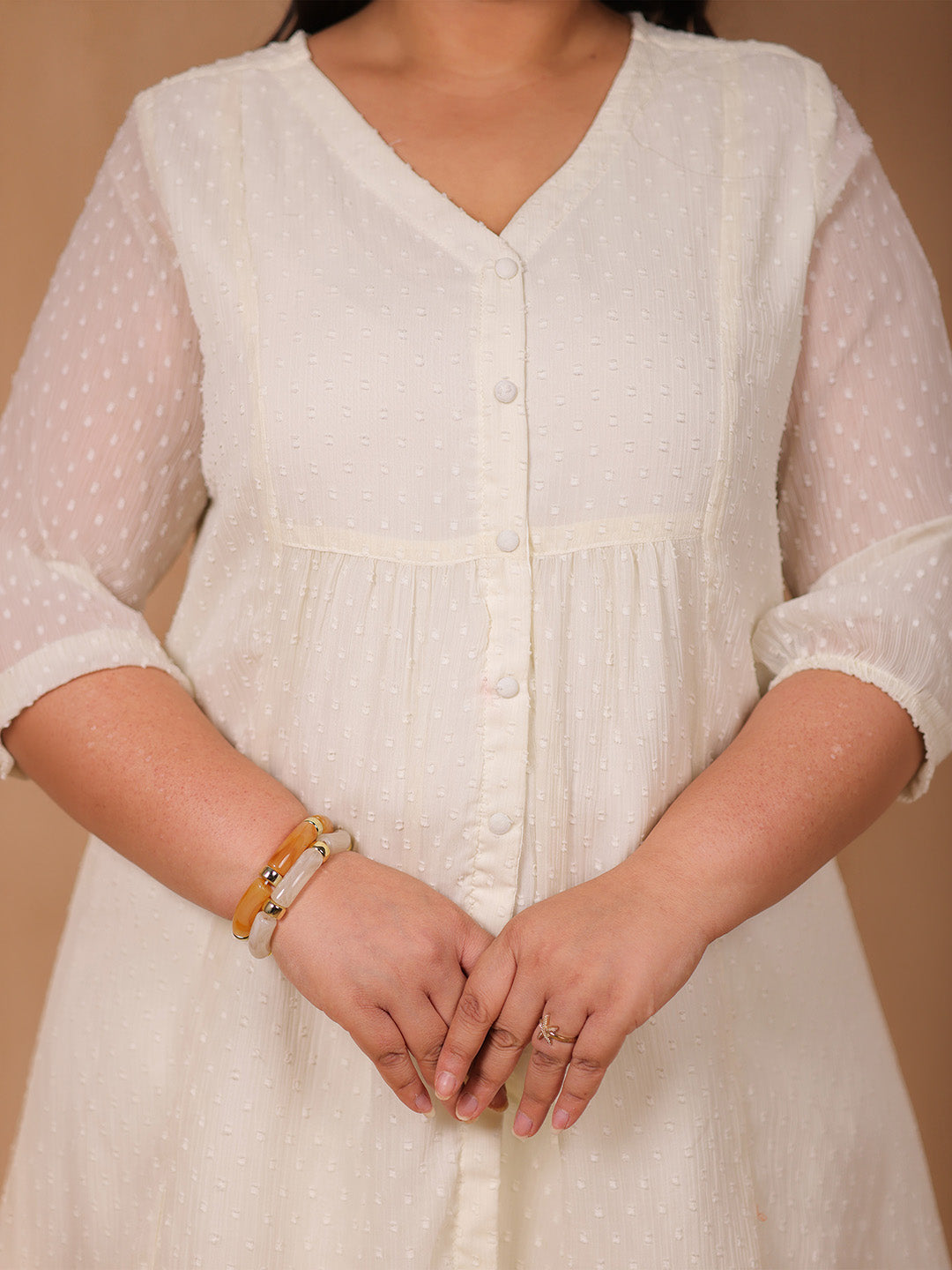 Janasya Women's Plus Size Off White Dobby Chiffon Self Design A-line Tunic