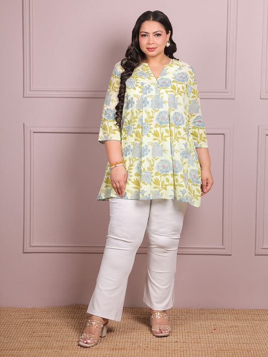 Plus Size Off White Pure Cotton Floral Printed A-line Tunic