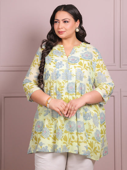 Plus Size Off White Pure Cotton Floral Printed A-line Tunic