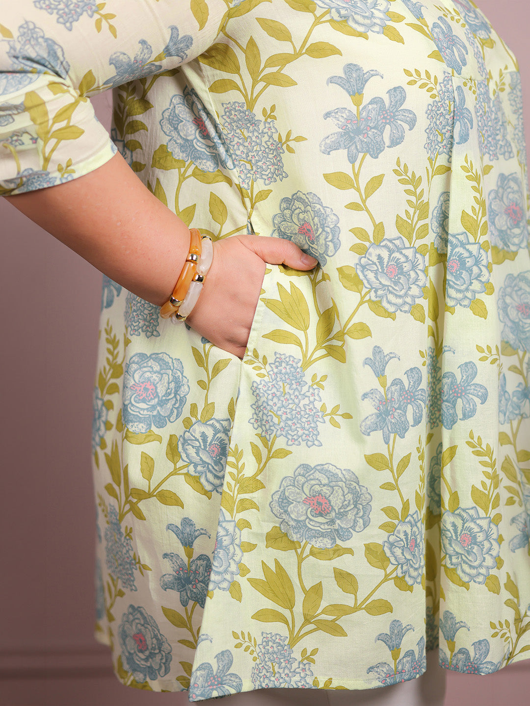 Plus Size Off White Pure Cotton Floral Printed A-line Tunic