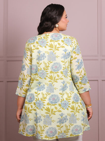 Plus Size Off White Pure Cotton Floral Printed A-line Tunic