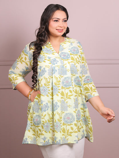 Plus Size Off White Pure Cotton Floral Printed A-line Tunic