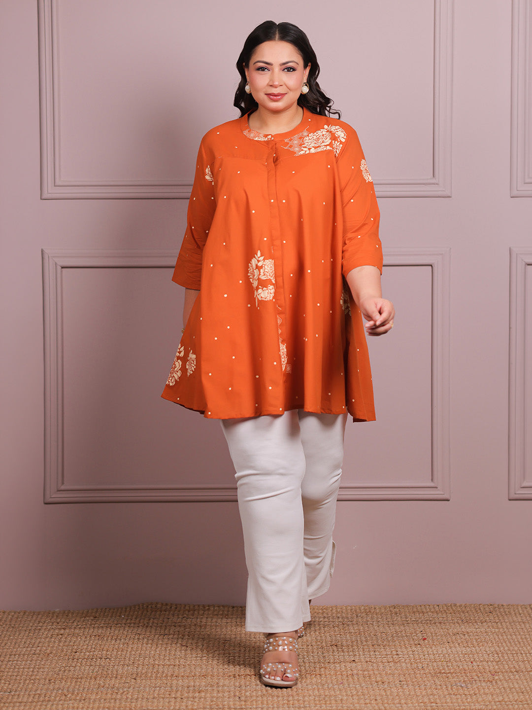 Plus Size Orange Pure Cotton Floral Printed A-line Tunic