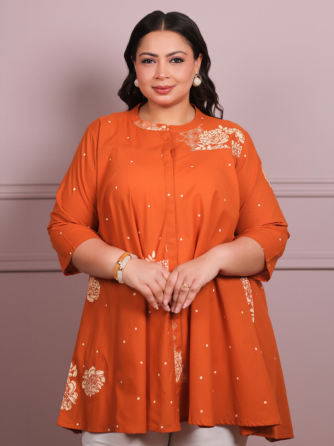 Plus Size Orange Pure Cotton Floral Printed A-line Tunic