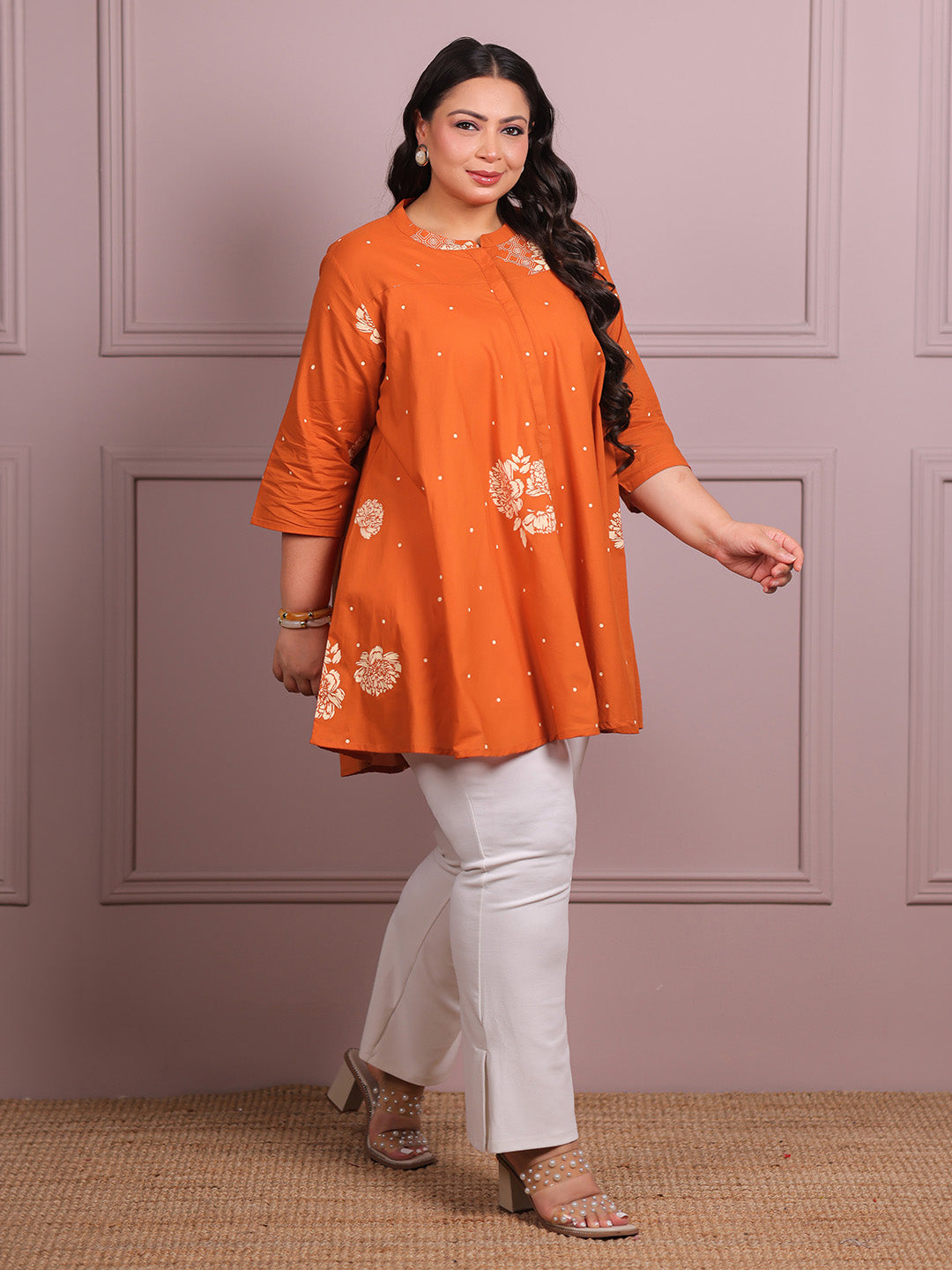 Plus Size Orange Pure Cotton Floral Printed A-line Tunic