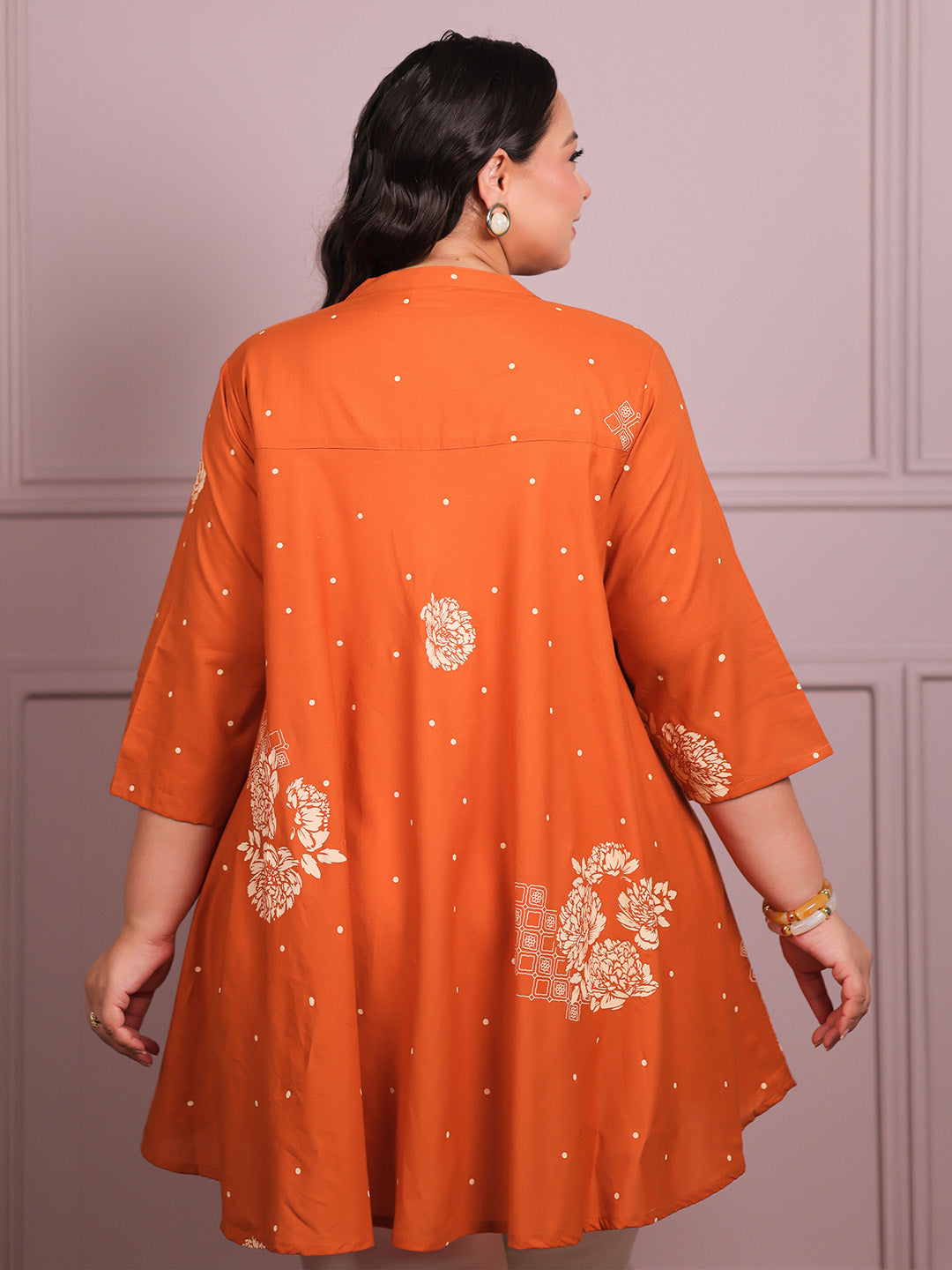 Plus Size Orange Pure Cotton Floral Printed A-line Tunic