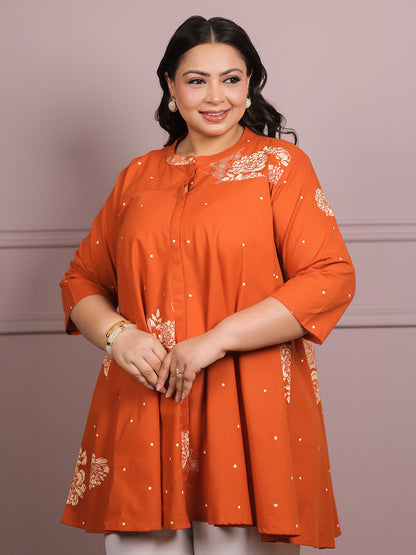 Plus Size Orange Pure Cotton Floral Printed A-line Tunic