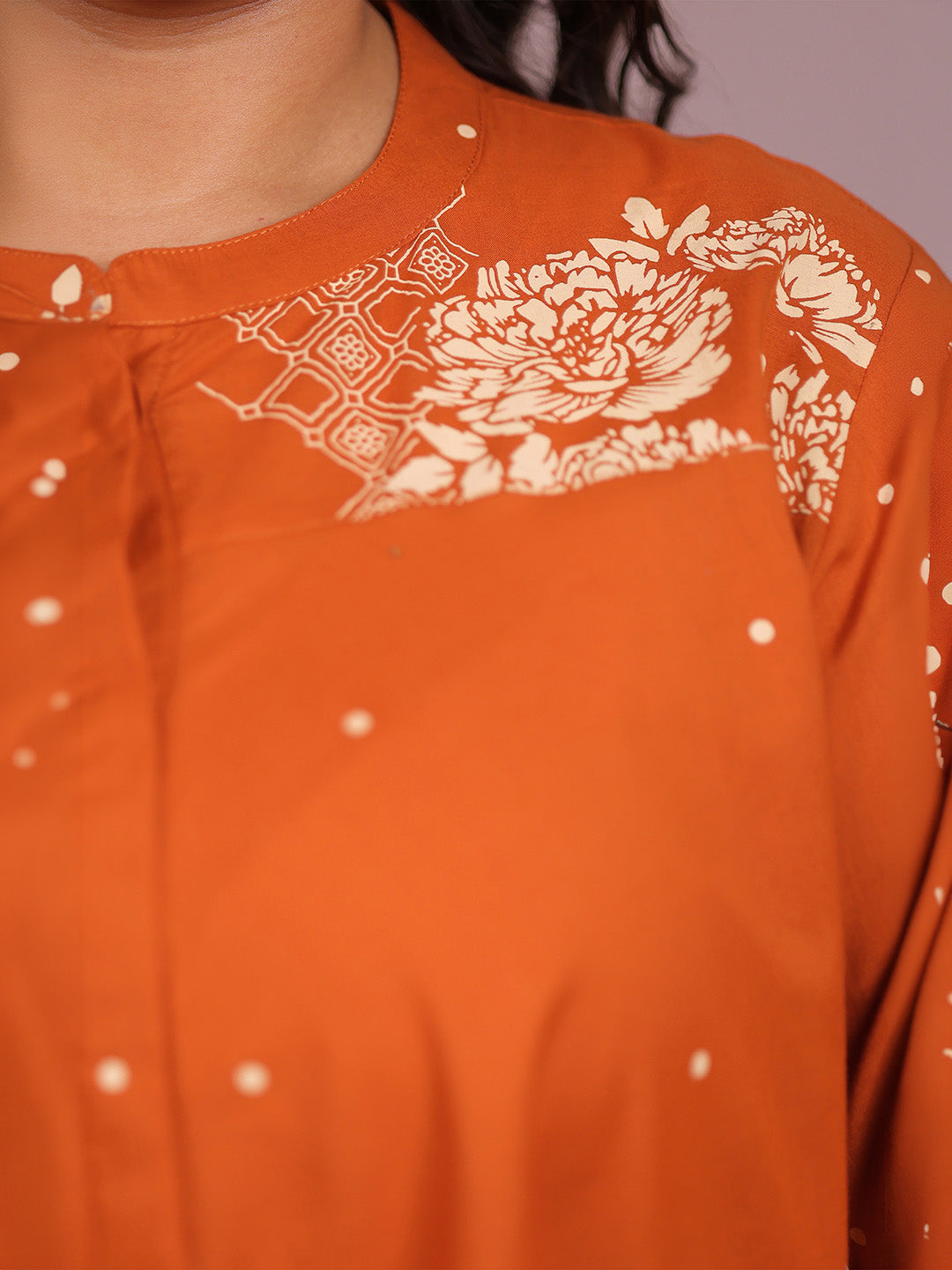 Plus Size Orange Pure Cotton Floral Printed A-line Tunic